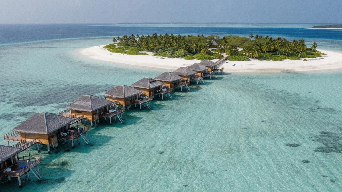 Overwater villas above a turquoise lagoon at a Maldives resort in midday light